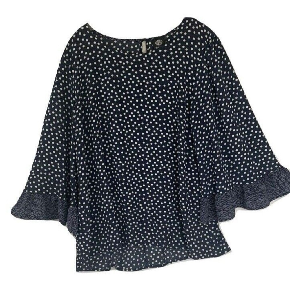 Bobeau Womens Polka Dot Bell Sleeve Blouse Flowy Boho Retro Large Black & White